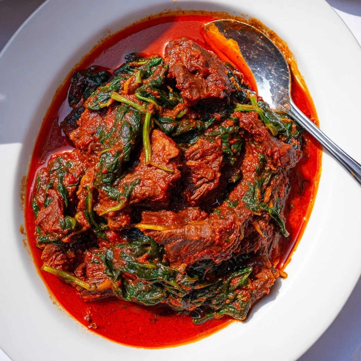 Golden bowl of savory Efo Riro Nigerian spinach stew with tender beef chunks in rich red tomato sauce
