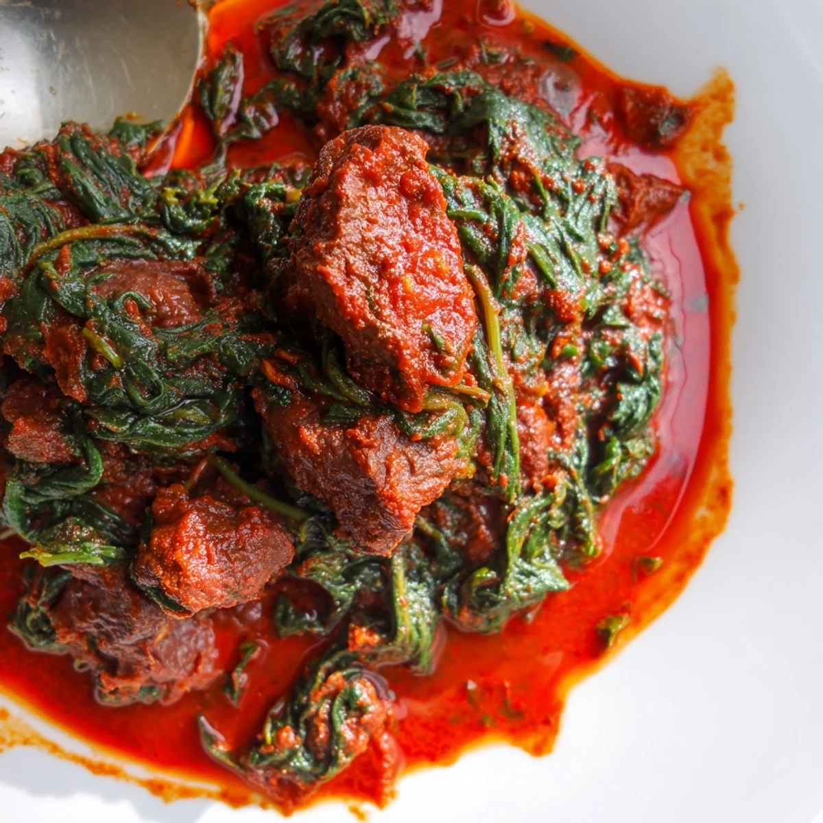 Hearty Efo Riro Nigerian spinach beef stew served steaming with wilted greens in thick red sauce