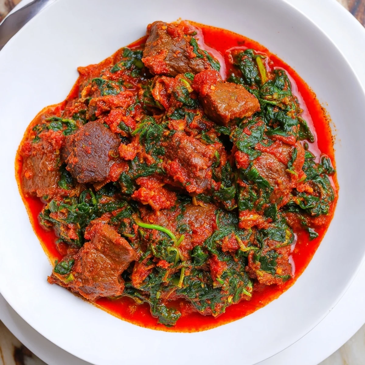 Vibrant green Nigerian Efo Riro spinach stew featuring beef simmered in aromatic pepper and palm oil