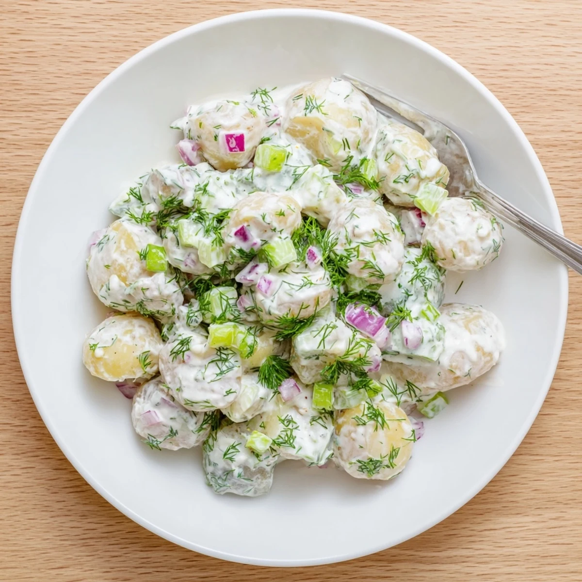 Creamy Greek yogurt potato salad with tender baby potatoes, red onion, and fresh green herbs in a white serving bowl.