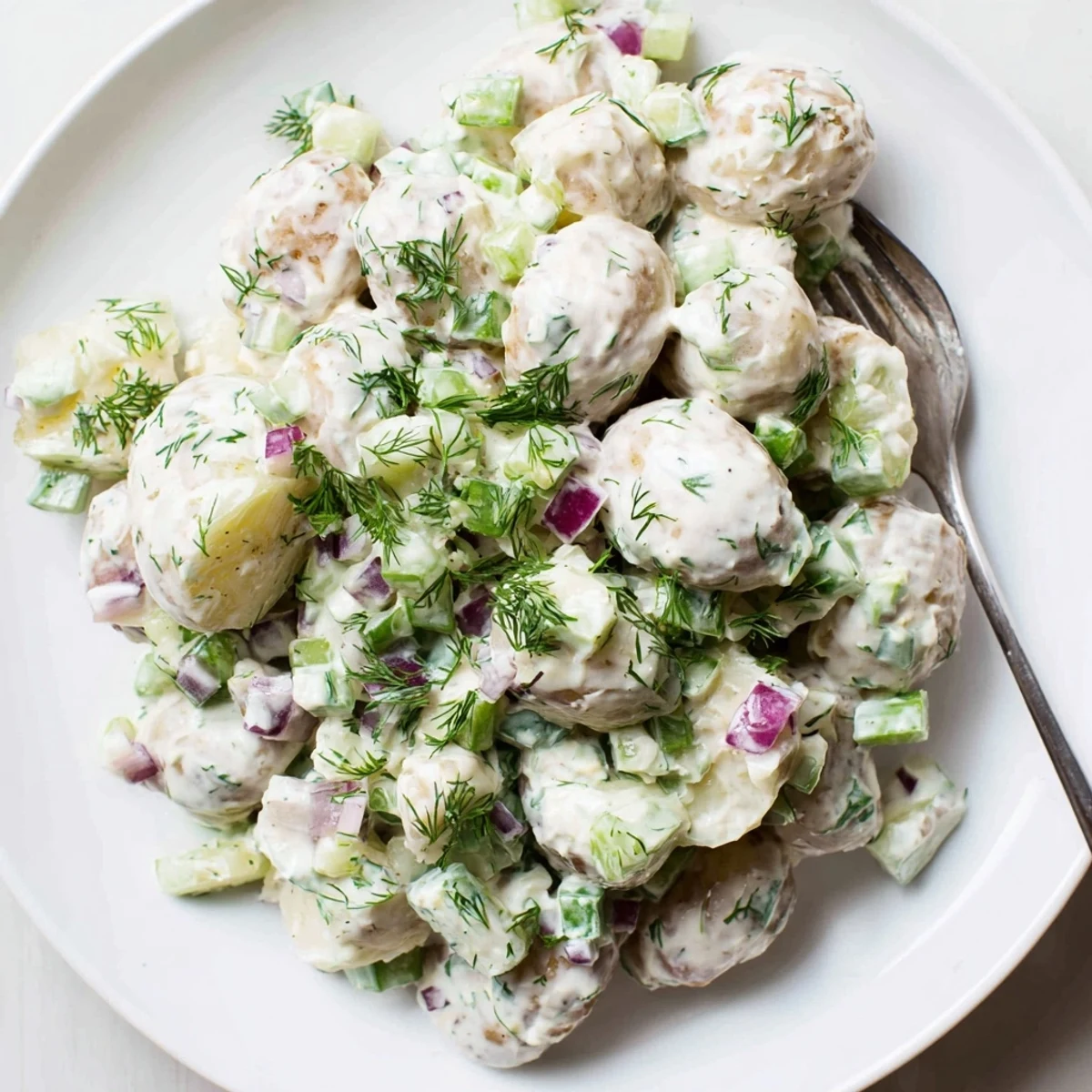 Light and tangy Greek yogurt potato salad featuring celery, dill, and parsley on a rustic wooden picnic table.