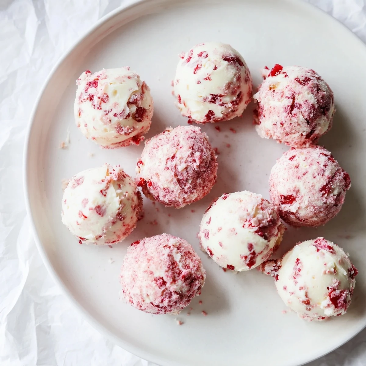 Creamy keto strawberry cheesecake fat bombs coated in crushed freeze-dried strawberries on a white plate