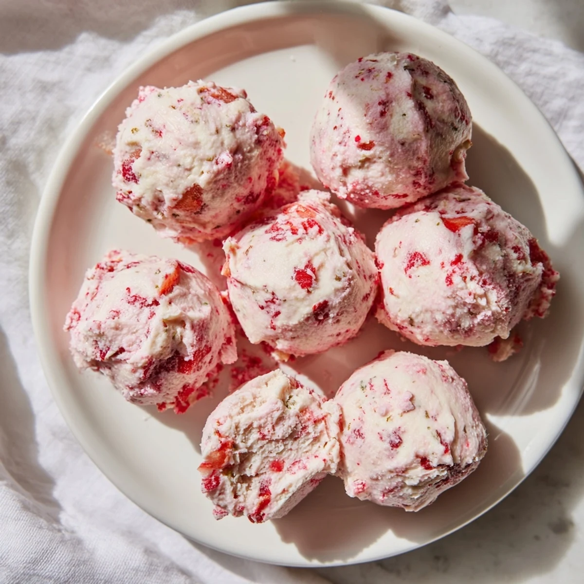 Rich cream cheese and strawberry fat bombs rolled in pink strawberry powder ready for ketogenic desserts