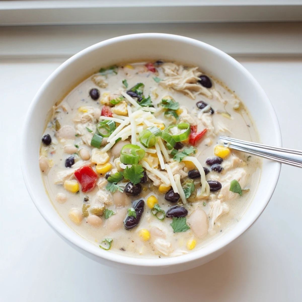 Steaming thick white chicken chili with black beans served in a white ceramic bowl with melted cheese topping