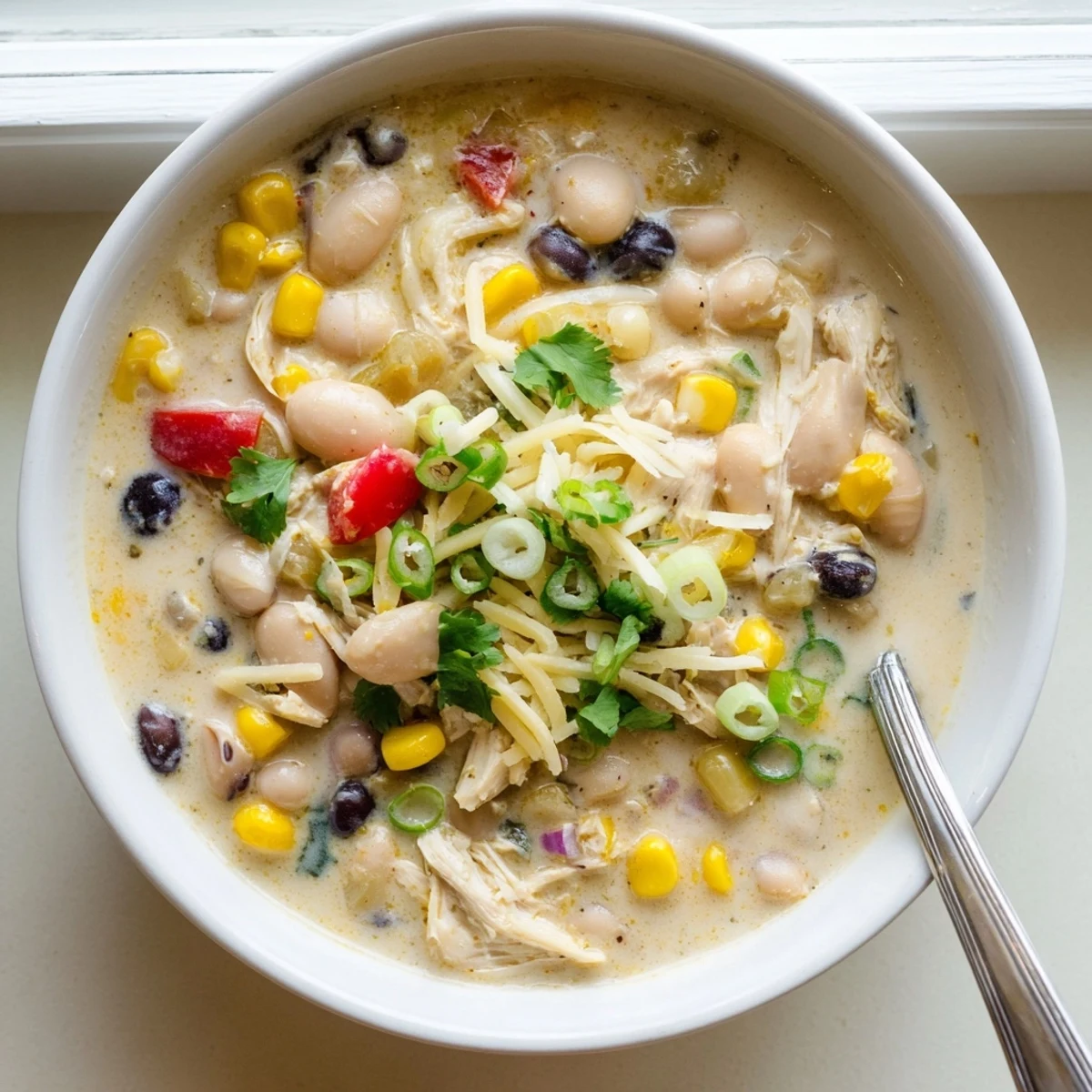 Hearty white chicken chili with black beans, corn, and cream topped with fresh green onions and shredded cheese