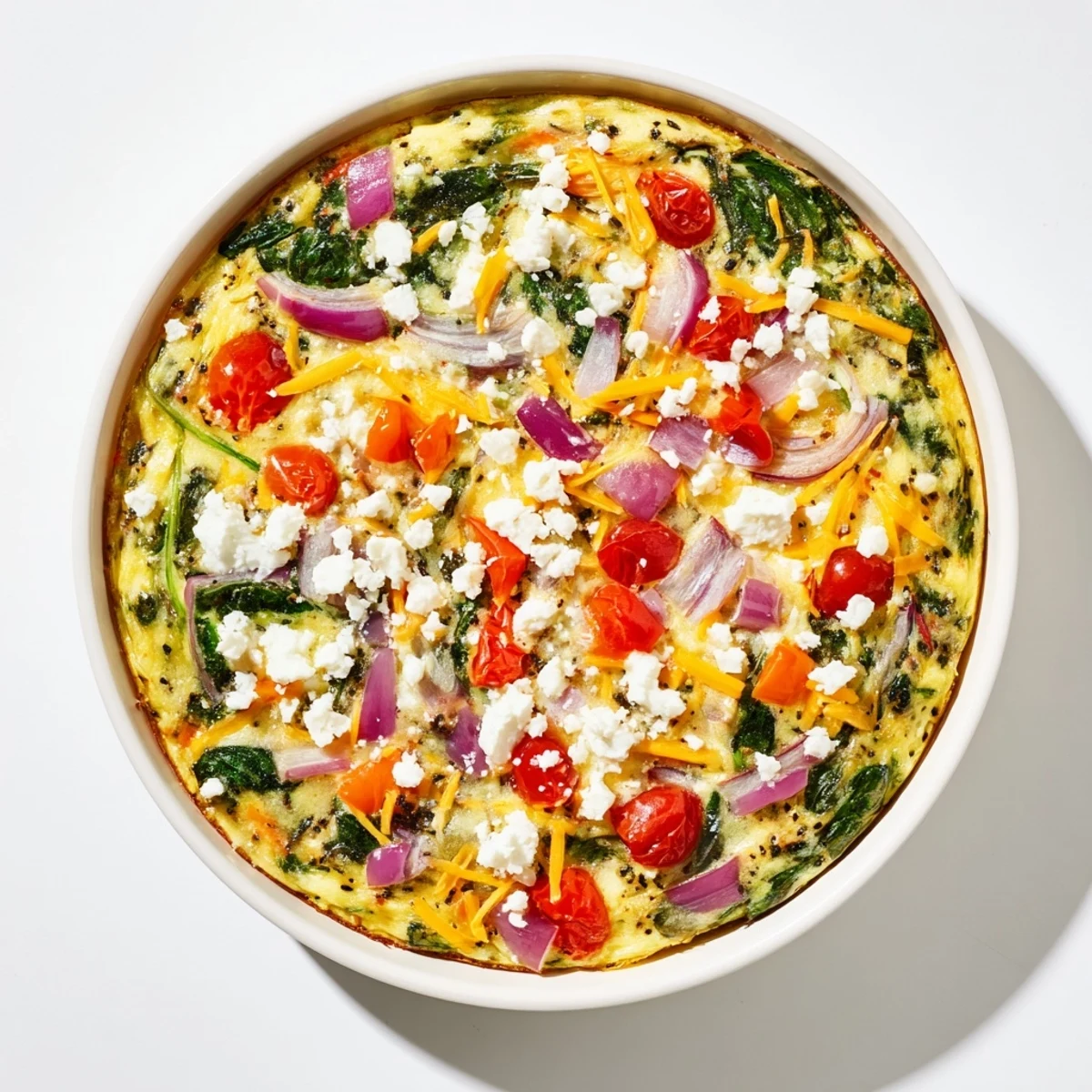 Golden healthy crustless quiche loaded with colorful vegetables and melted cheese on a white plate