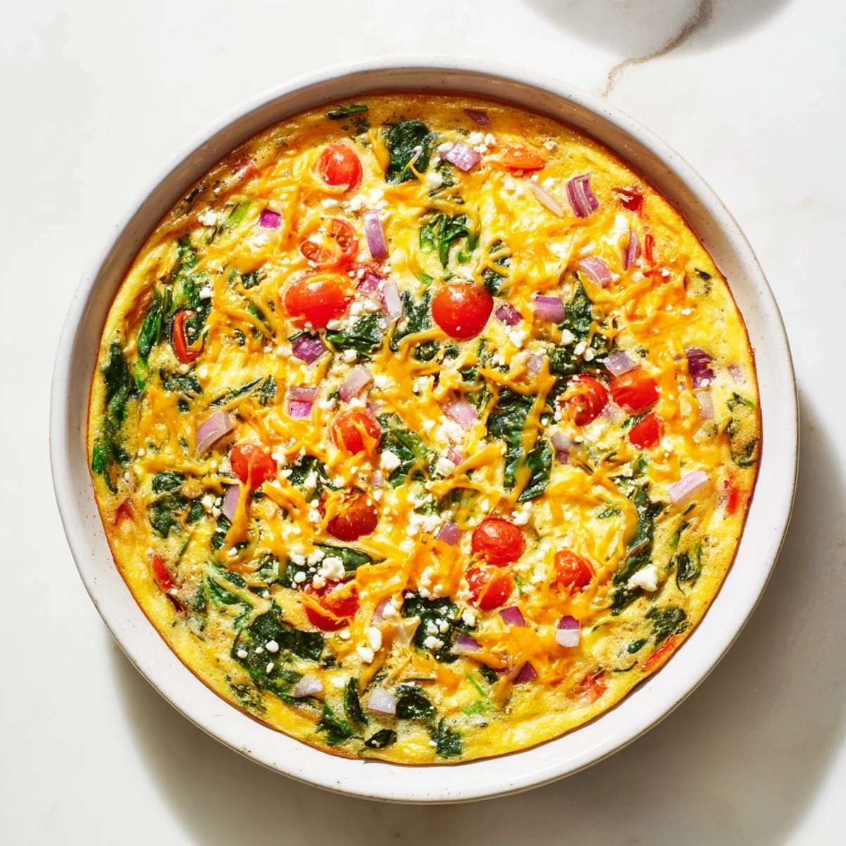 Savory healthy crustless quiche featuring spinach tomatoes and peppers baked until golden and set