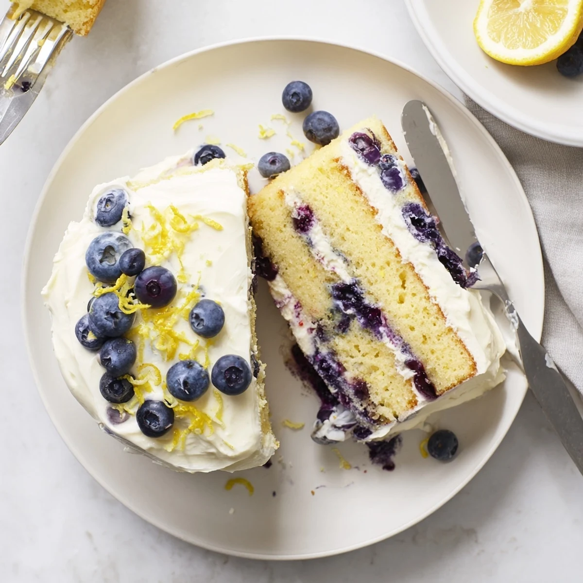 Layered lemon blueberry cake with tangy cream cheese frosting on a white dessert plate