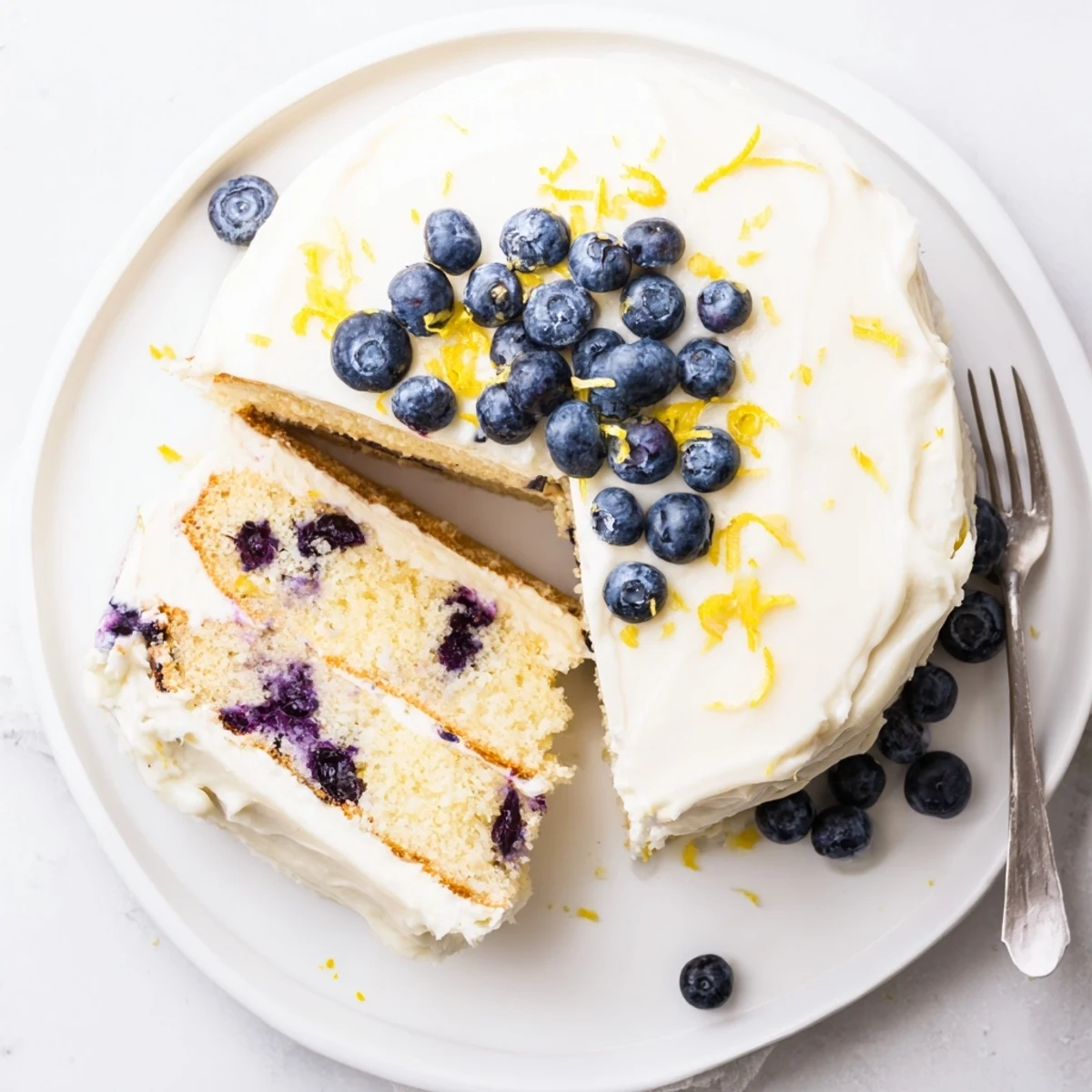 Two-layer lemon blueberry cake decorated with zesty frosting and scattered fresh blueberries on top
