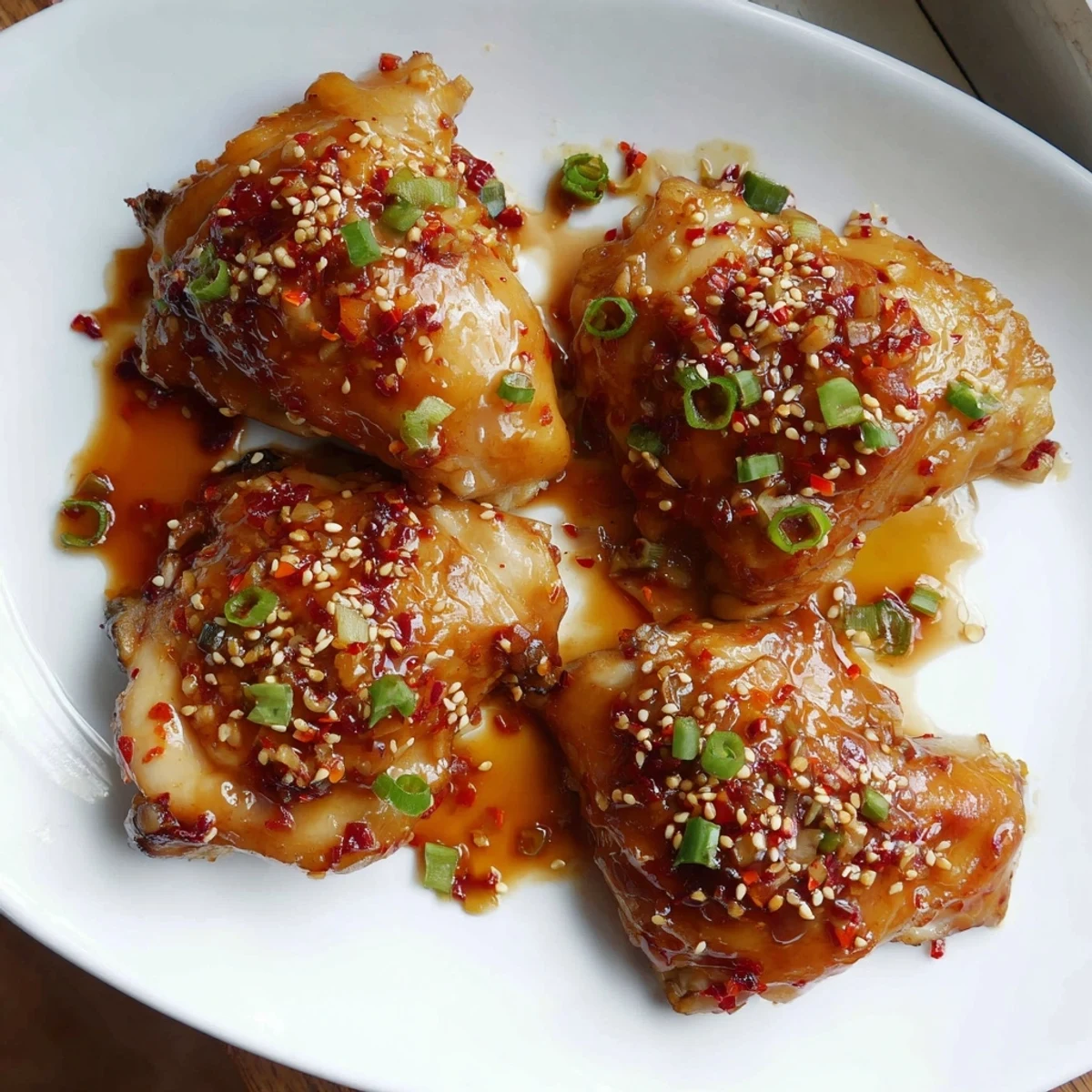 Golden chicken thighs glazed in sweet chili sauce with crispy skin from air frying