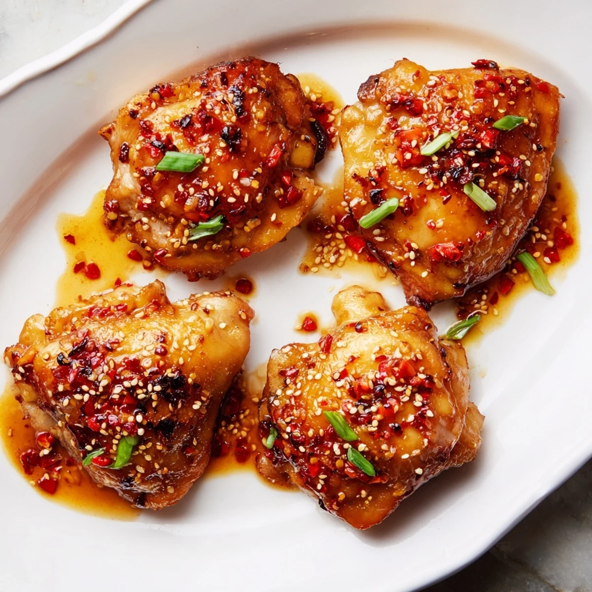 Juicy sweet chili chicken thighs with crispy golden skin served over white rice