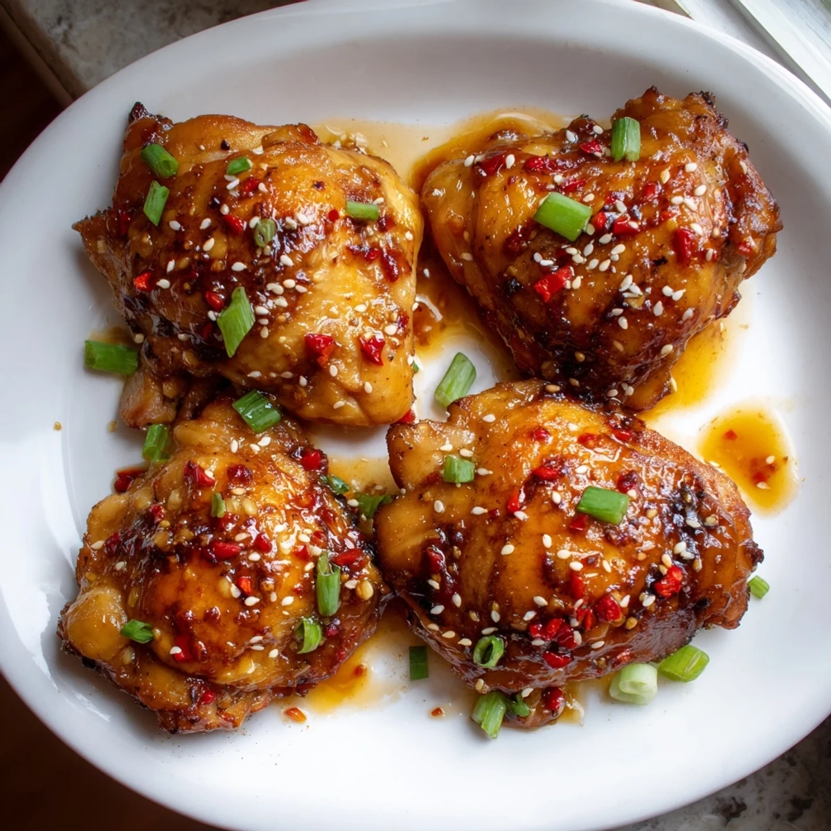 Tender air fryer chicken thighs brushed with sticky sweet chili glaze and sesame seeds