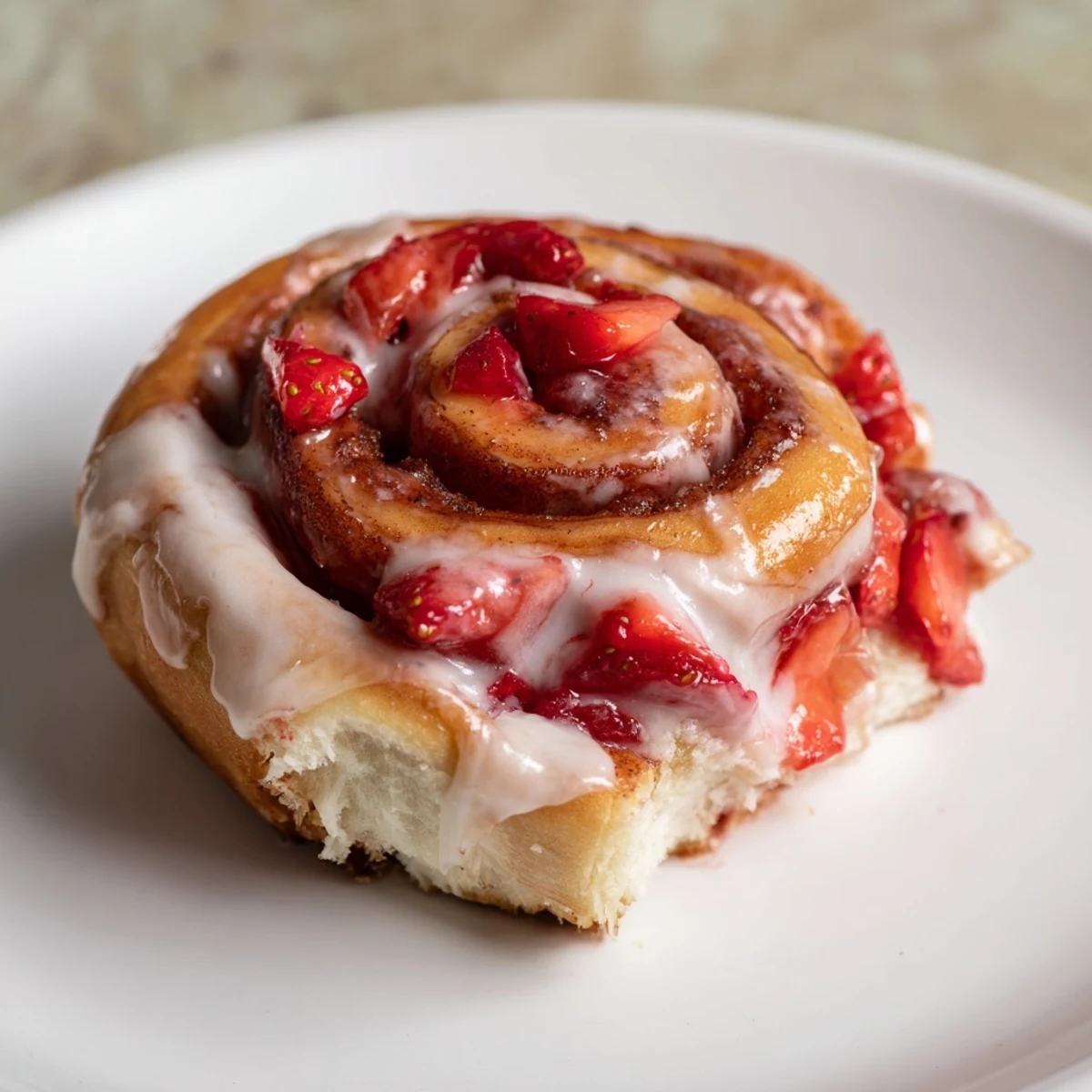 Golden Strawberry Cheesecake Cinnabon Rolls dripping with pink strawberry glaze on a white serving plate