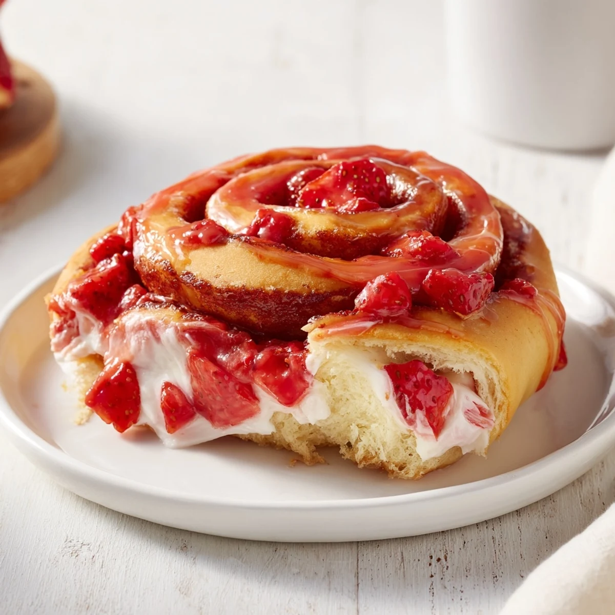 Warm Strawberry Cheesecake Cinnabon Rolls topped with luscious strawberry glaze and fresh berry pieces for breakfast