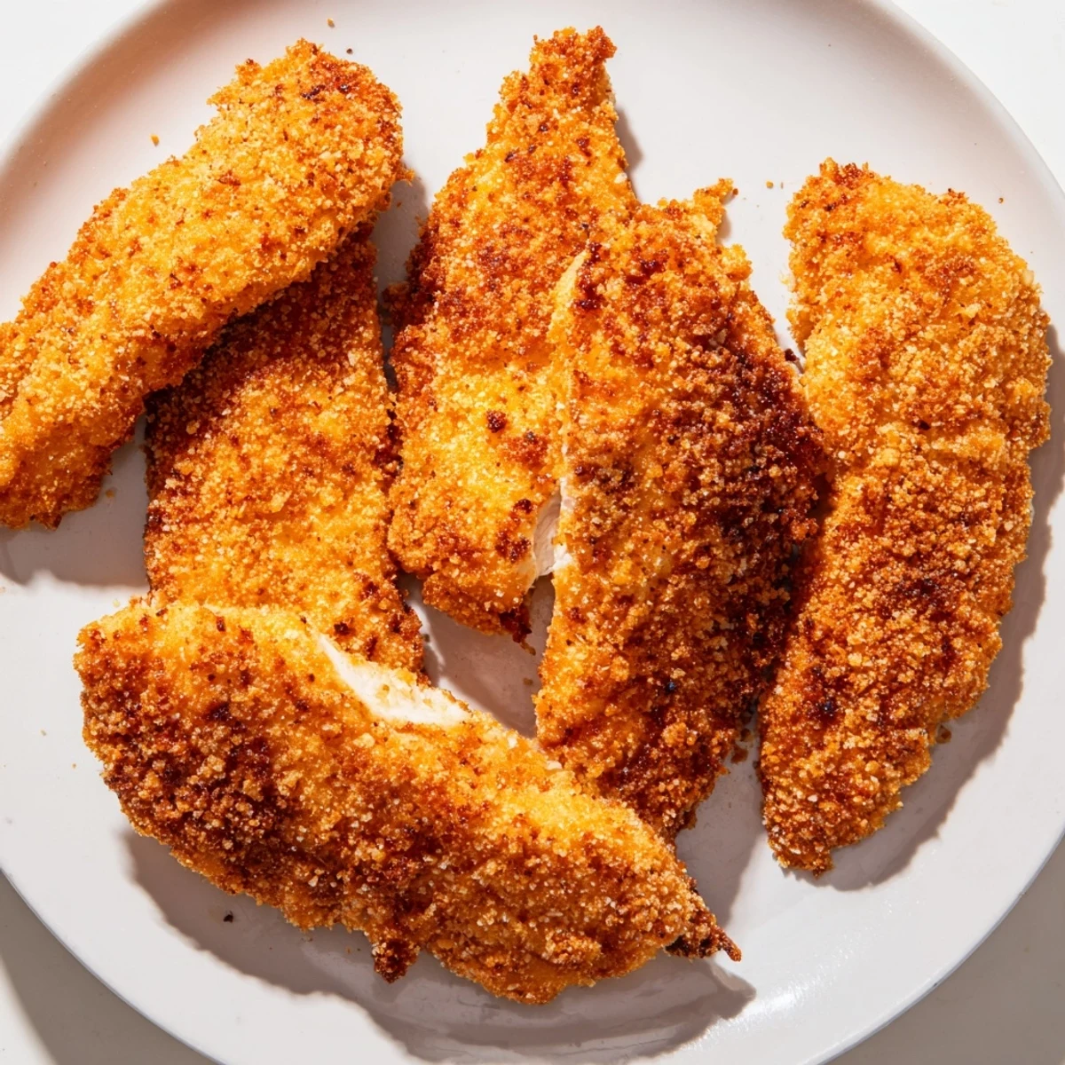 Family-friendly chicken tenders with crunchy breadcrumb coating on a white serving plate