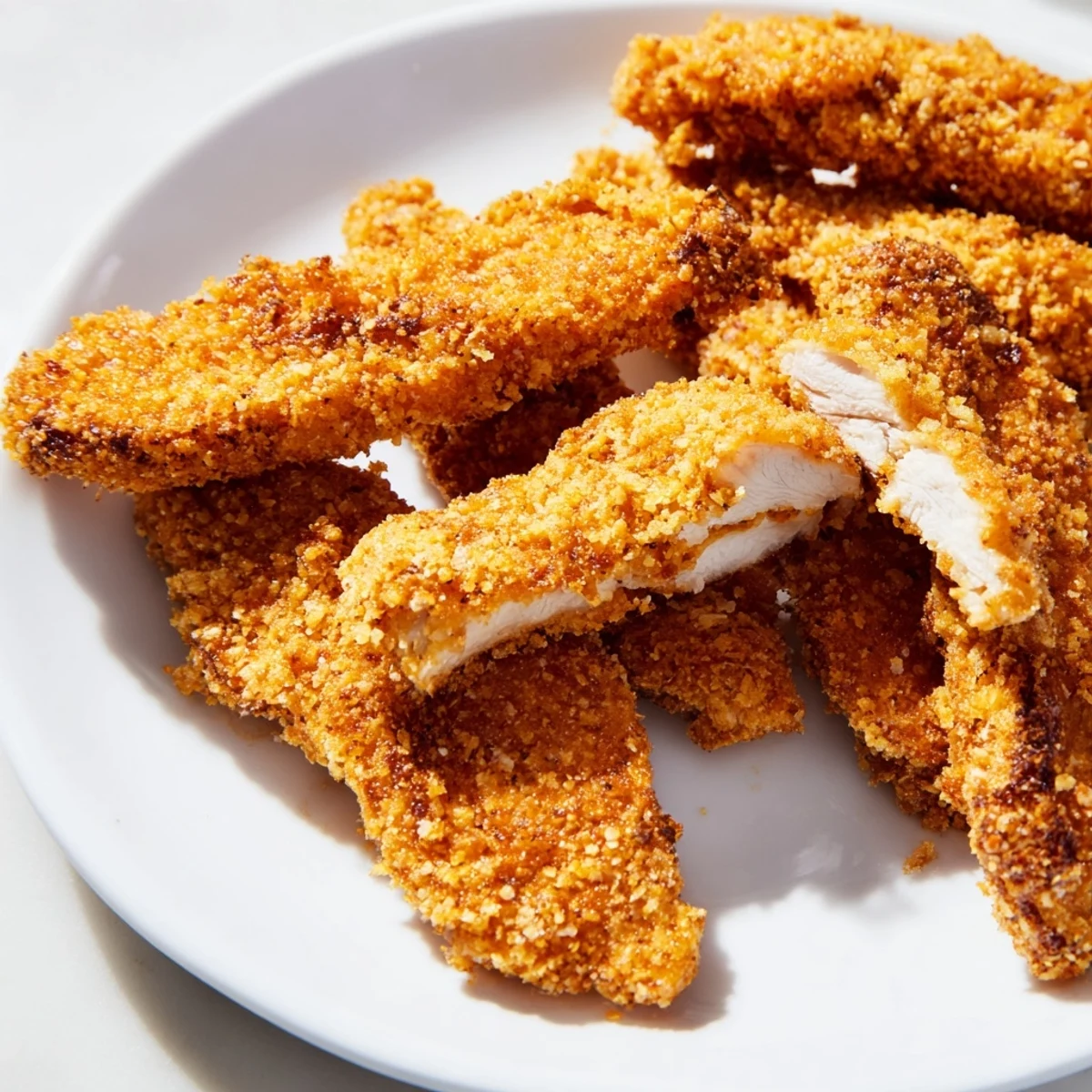Juicy homemade chicken tenders fried to golden perfection, served with honey mustard