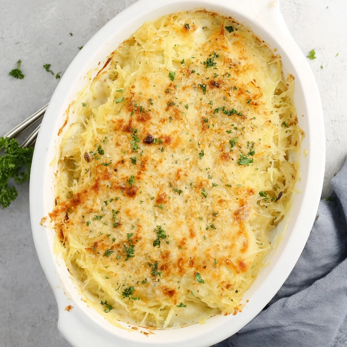 Golden and bubbly spaghetti squash au gratin with melted gruyere and parmesan cheese topping