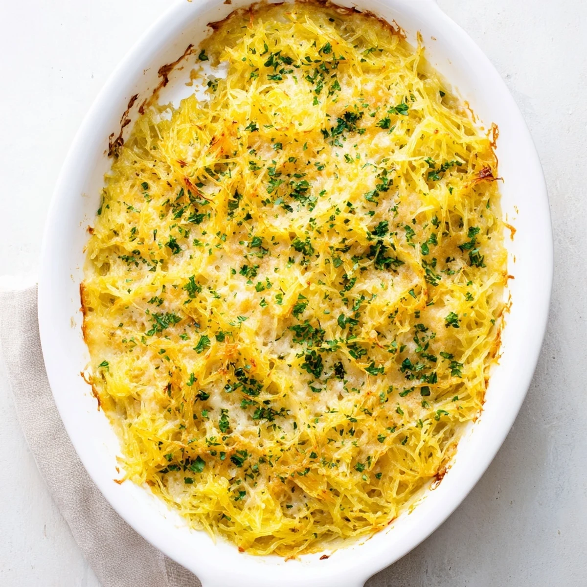 Roasted spaghetti squash strands in rich cheese sauce served as a comforting vegetarian main