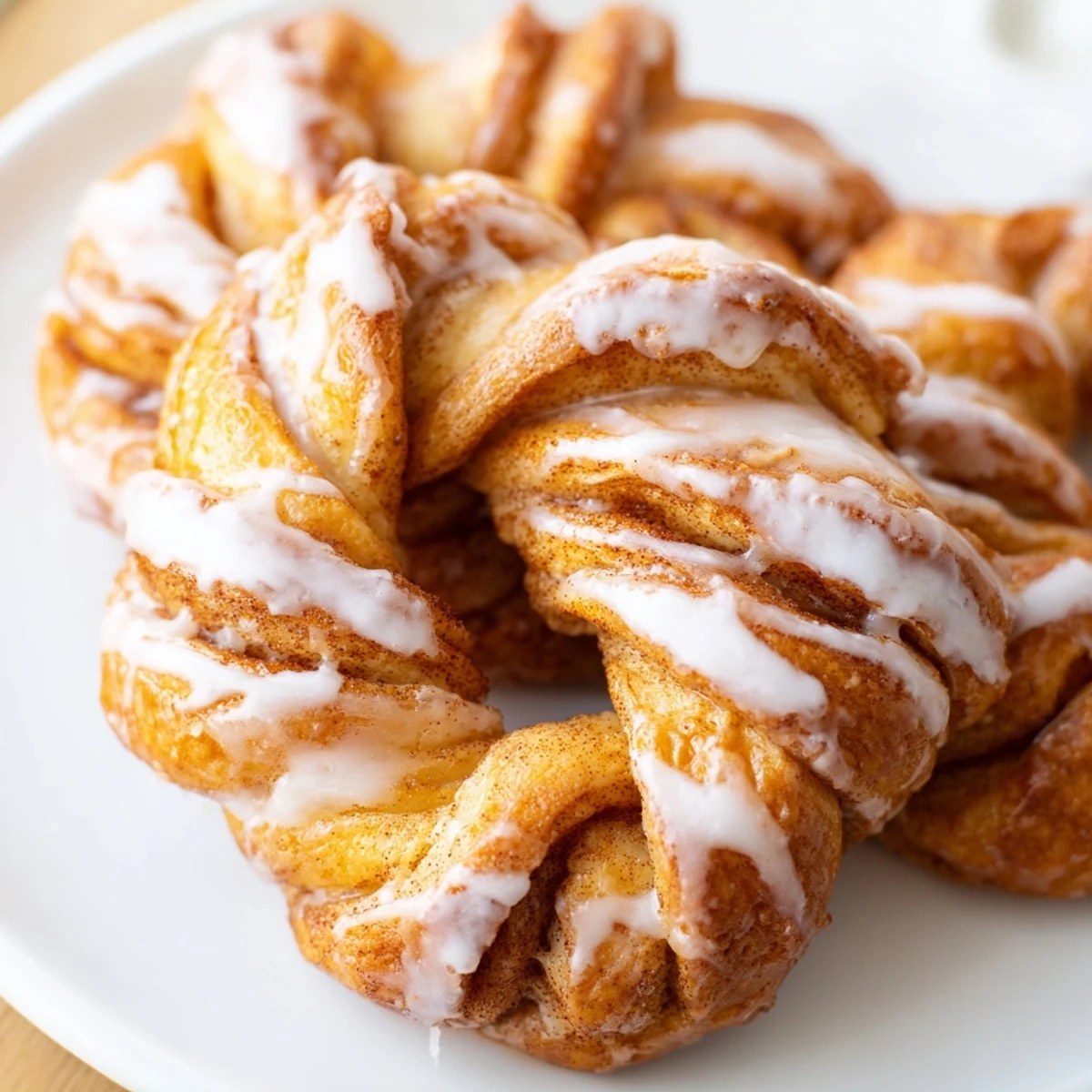 Golden sweet cinnamon twists drizzled with vanilla glaze on a rustic wooden board