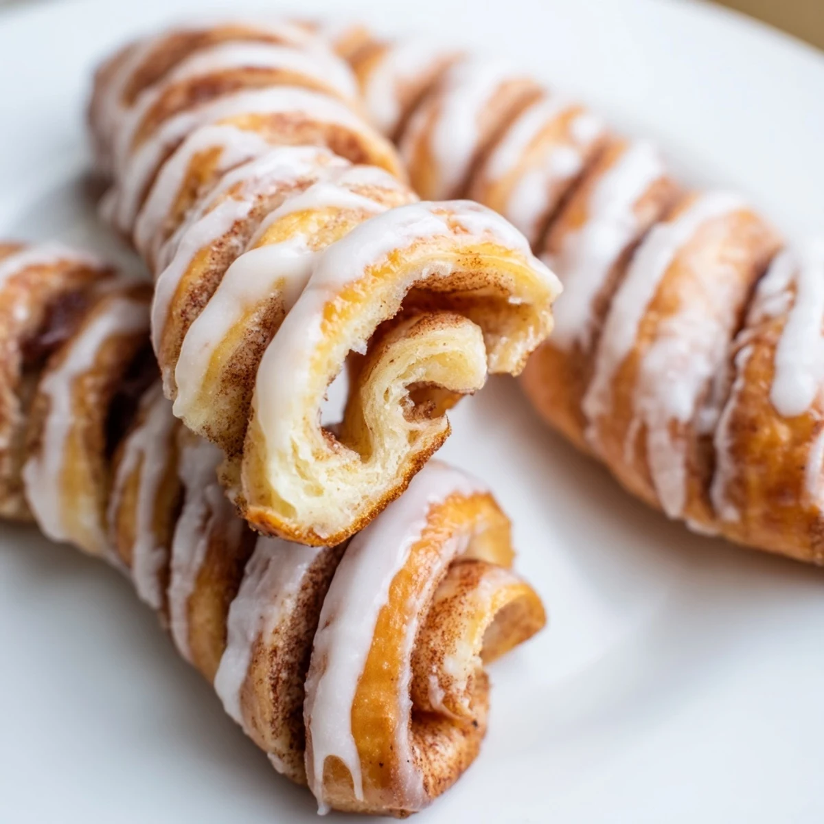 Warm breakfast treats featuring twisted dough with brown sugar swirl and creamy glaze
