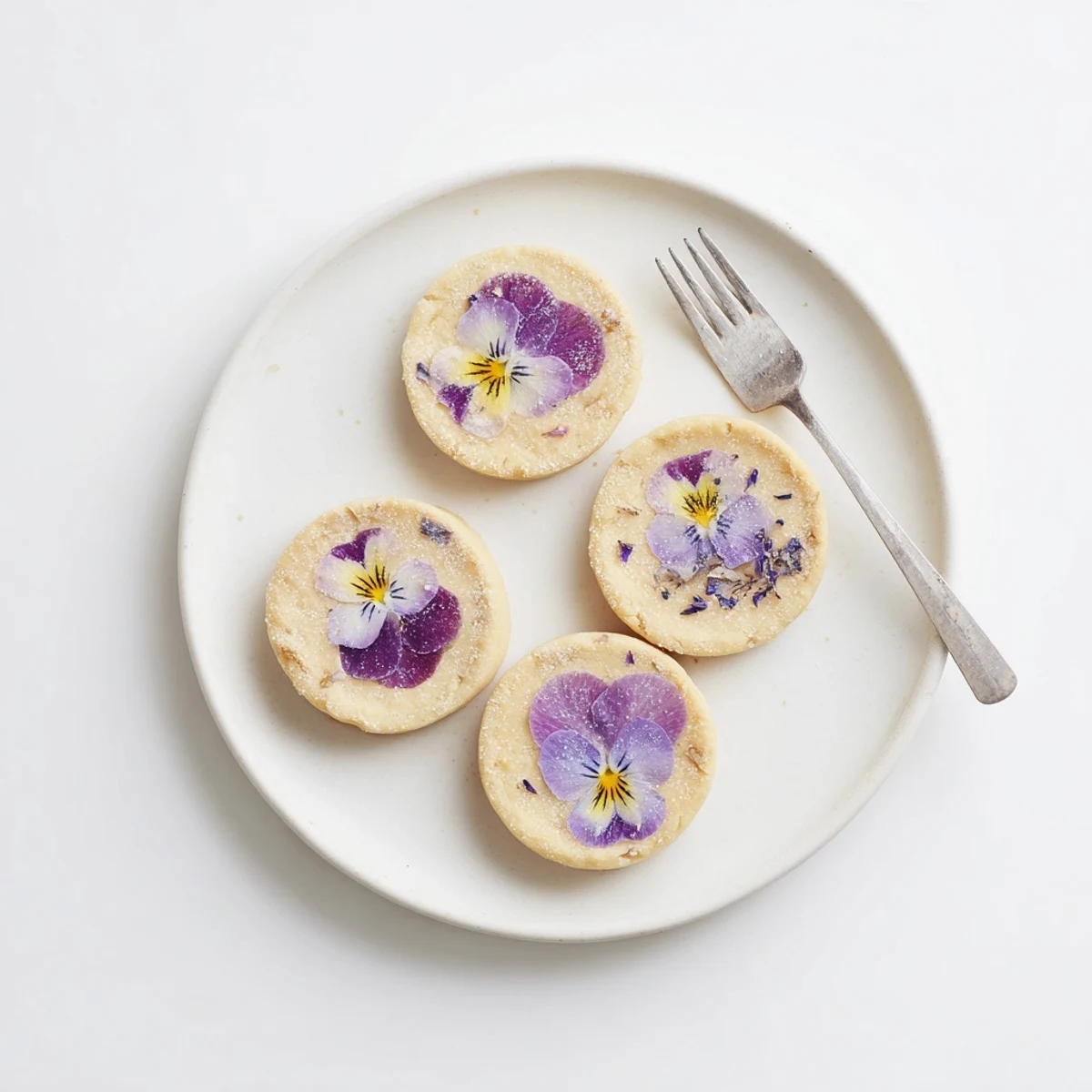 Golden spring flower shortbread cookies topped with colorful violet and pansy petals on a white plate
