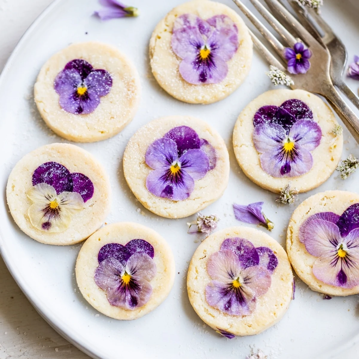 Buttery shortbread cookies baked with delicate edible blossoms and sugar sprinkle on wooden board