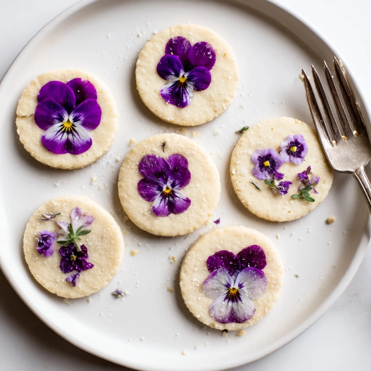 Close-up of flower-adorned shortbread cookies displaying pressed violets and golden edges for afternoon tea
