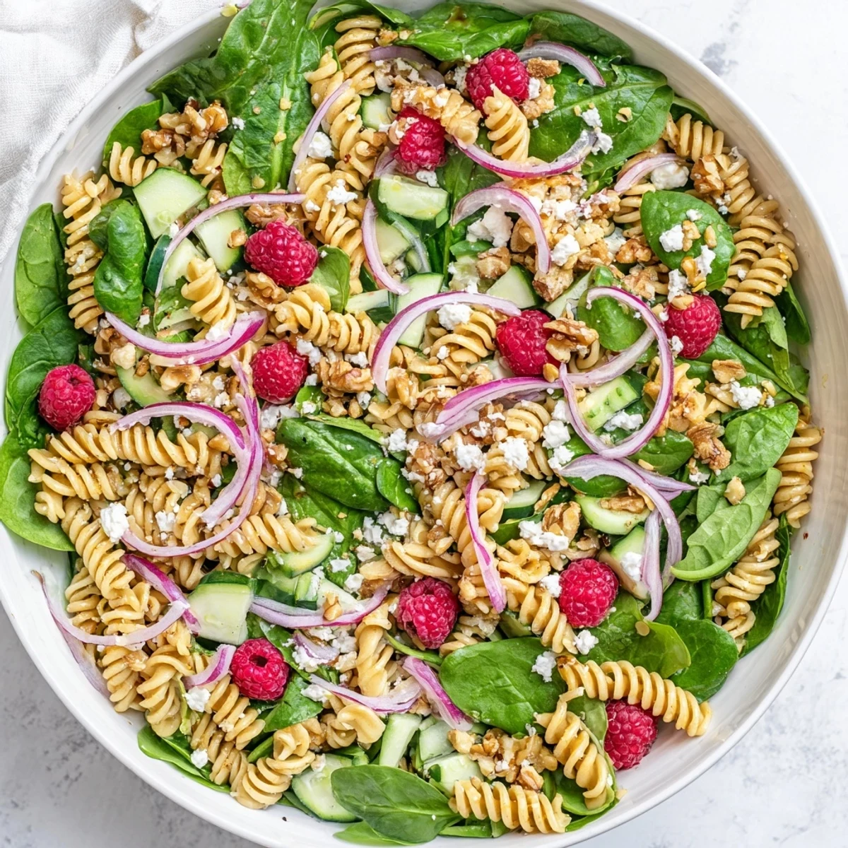 Colorful raspberry spinach feta pasta salad tossed in tangy vinaigrette with fresh summer berries