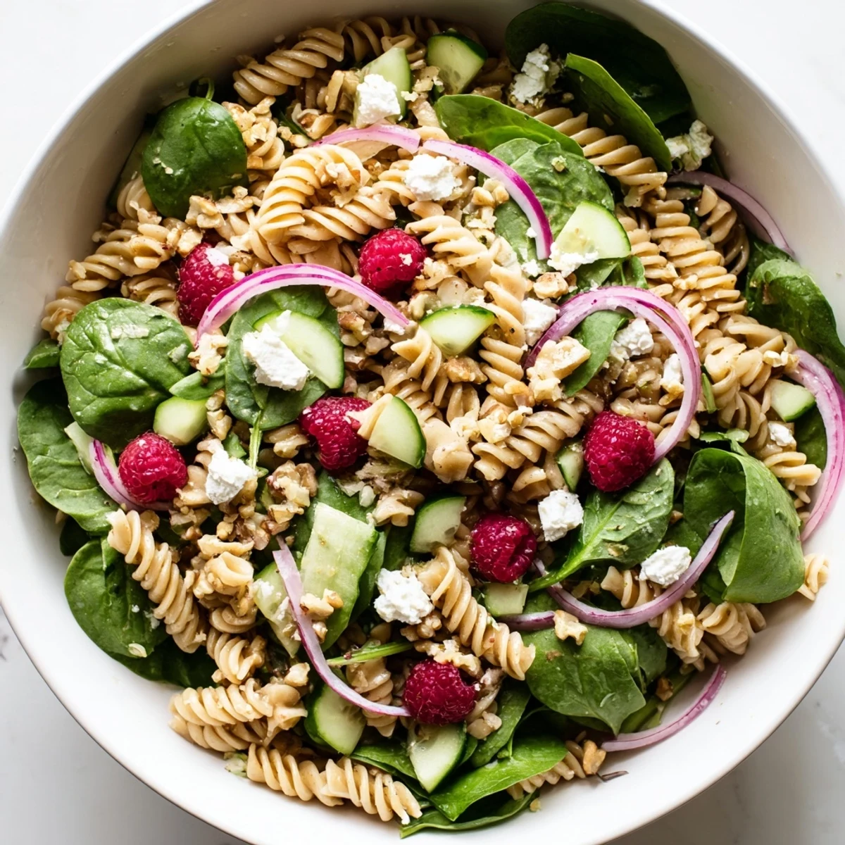 Vibrant raspberry spinach feta pasta salad topped with crumbled feta and juicy red berries