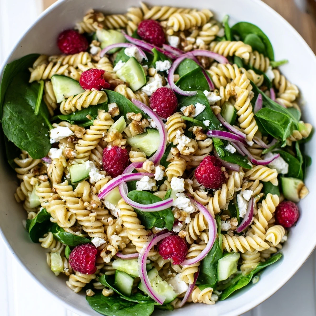 Refreshing pasta salad bowl featuring sweet raspberries, spinach, feta cheese, and light homemade dressing