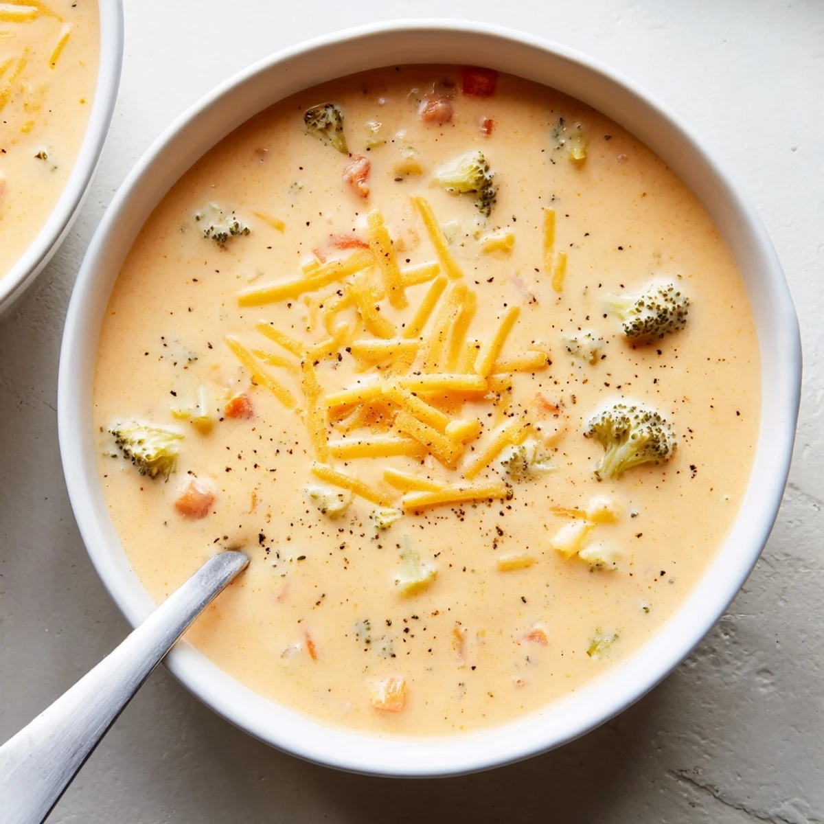 Bowl of creamy broccoli cheddar soup garnished with grated cheese and cracked black pepper