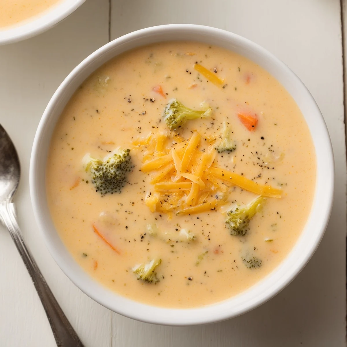 Velvety broccoli cheddar soup ladled into white bowls with crusty bread for dipping