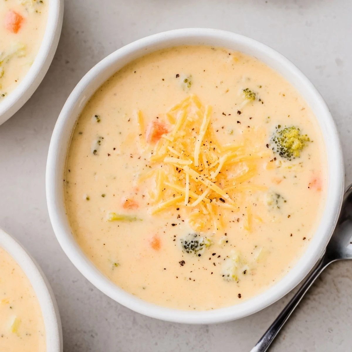 Golden broccoli florets floating in rich orange cheddar soup served with fresh herbs