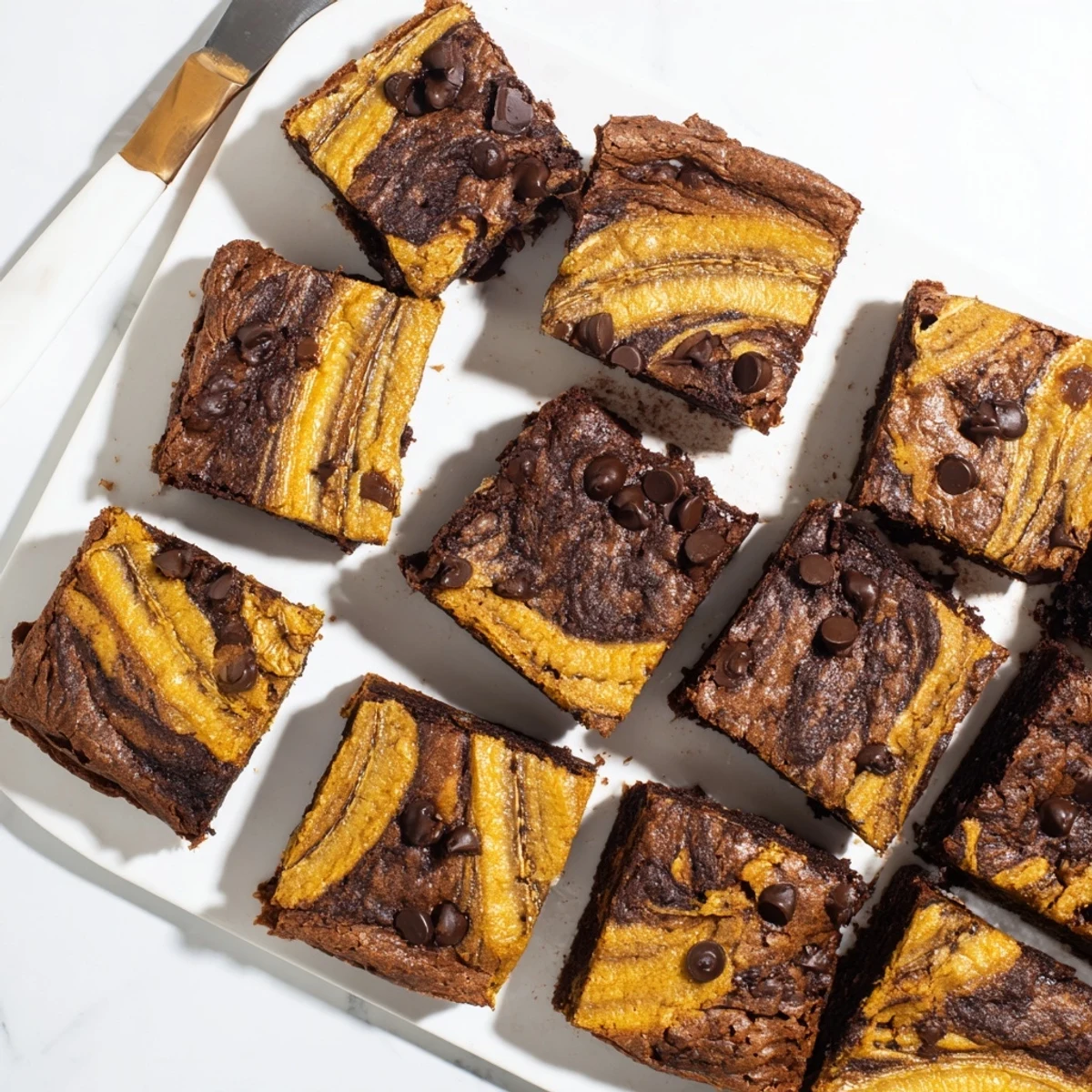 Marbled banana bread brownie bars featuring swirled chocolate and sweet banana layers baked until golden