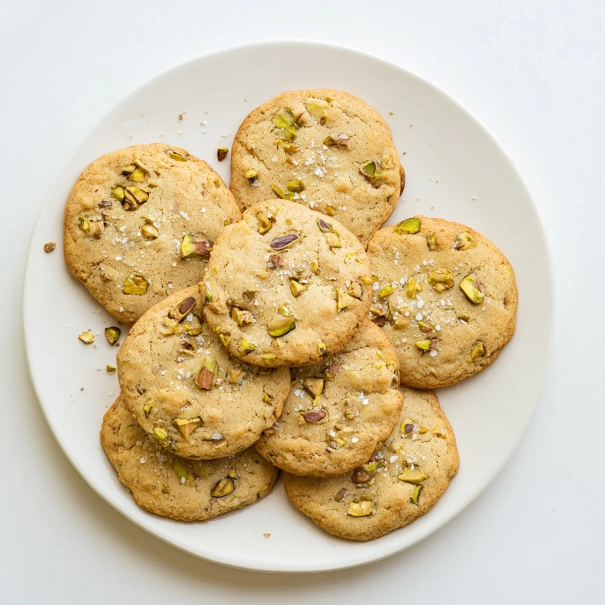 Golden brown salted pistachio cookies topped with flaky sea salt on a white plate