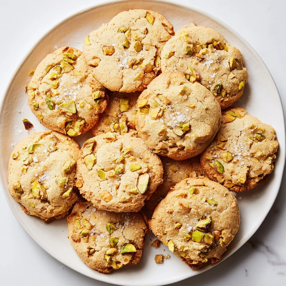 Freshly baked salted pistachio cookies cooling on a wire rack with golden edges