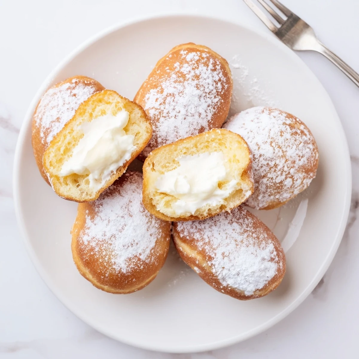 Soft pillowy donuts filled with sweet milk cream resting on parchment paper