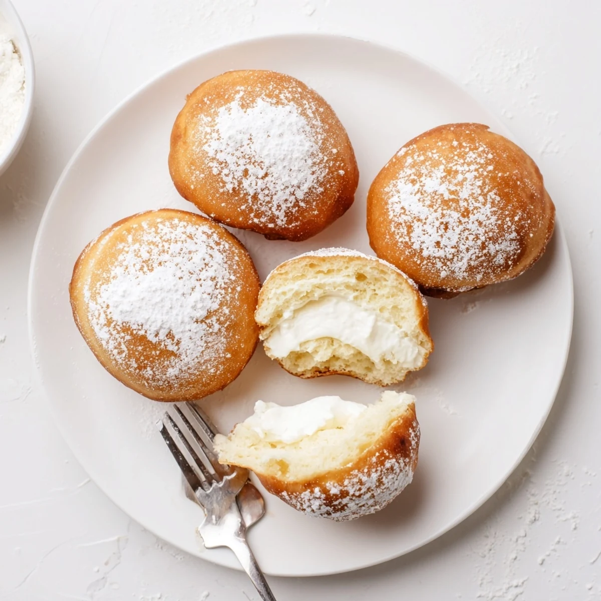 Close up of cream filled Korean donuts coated in white sugar with golden crust