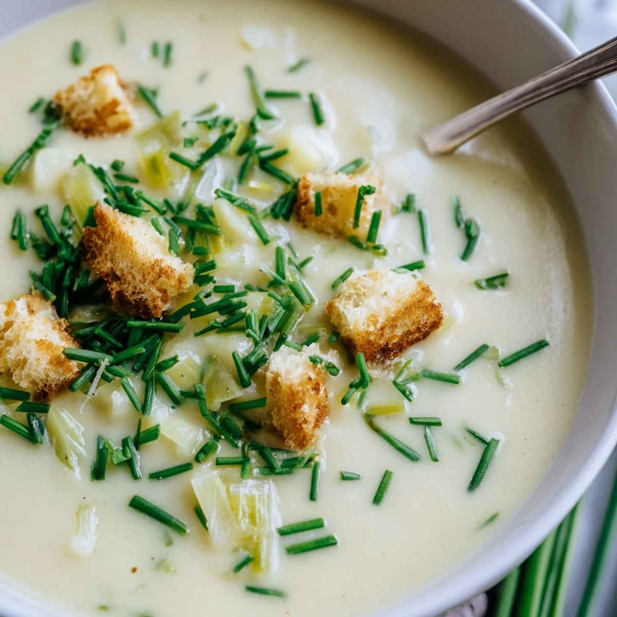 Creamy potato leek soup in white bowl garnished with fresh green chives and crispy croutons