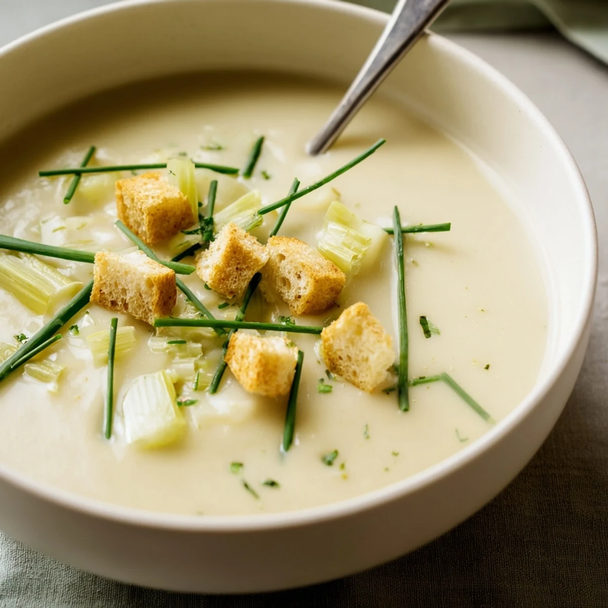 Silky smooth potato leek soup ladled into serving bowls with cream swirl and parsley topping