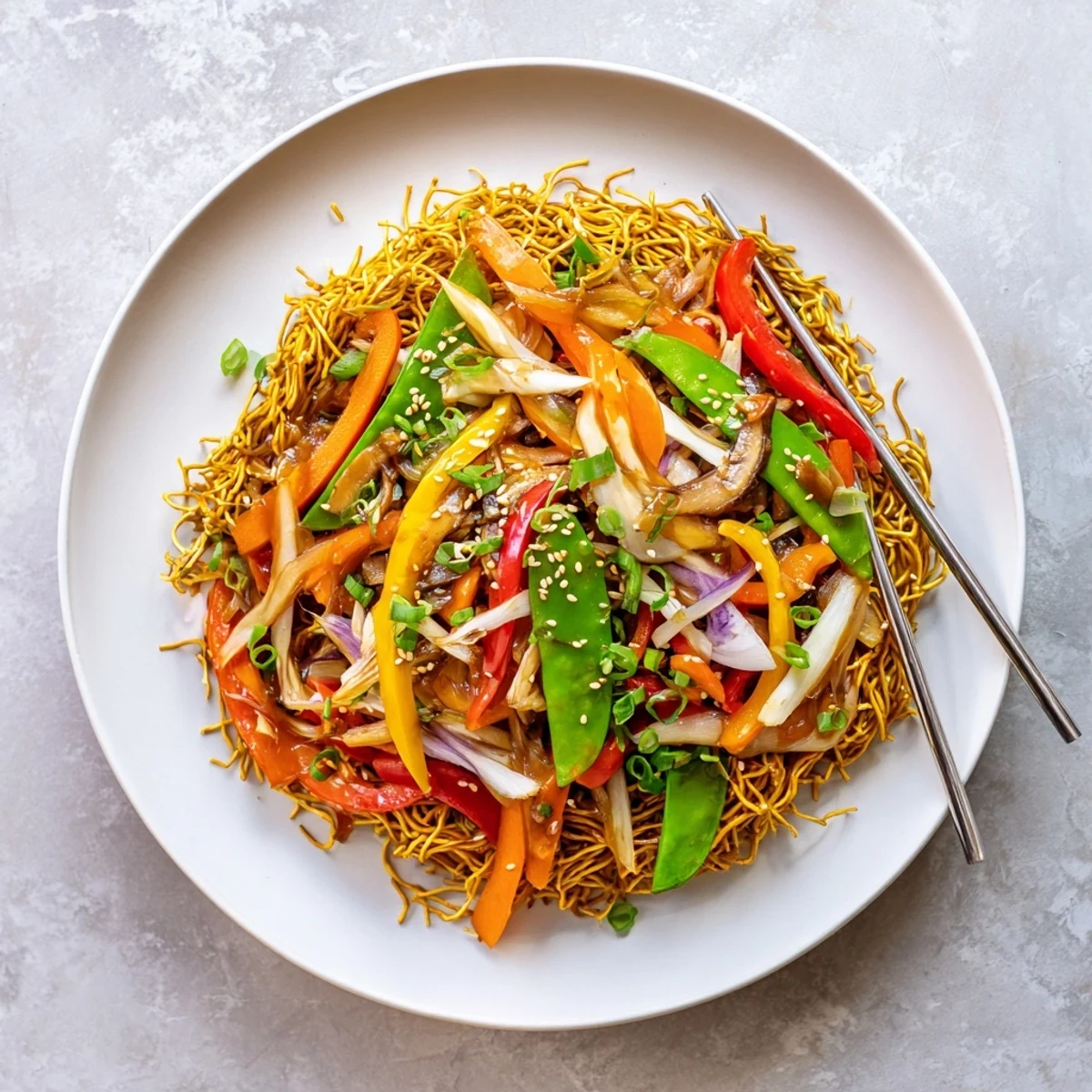 Crispy noodle chow mein with tender bell peppers, carrots, and snow peas in garlic sauce