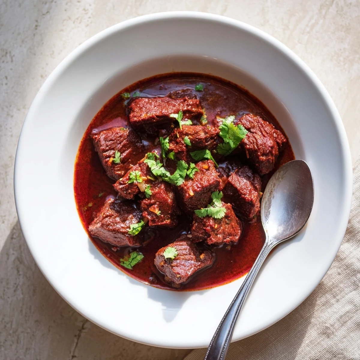 Slow cooker chili Colorado featuring tender beef cubes swimming in a rich, deep red chili sauce garnished with fresh cilantro.