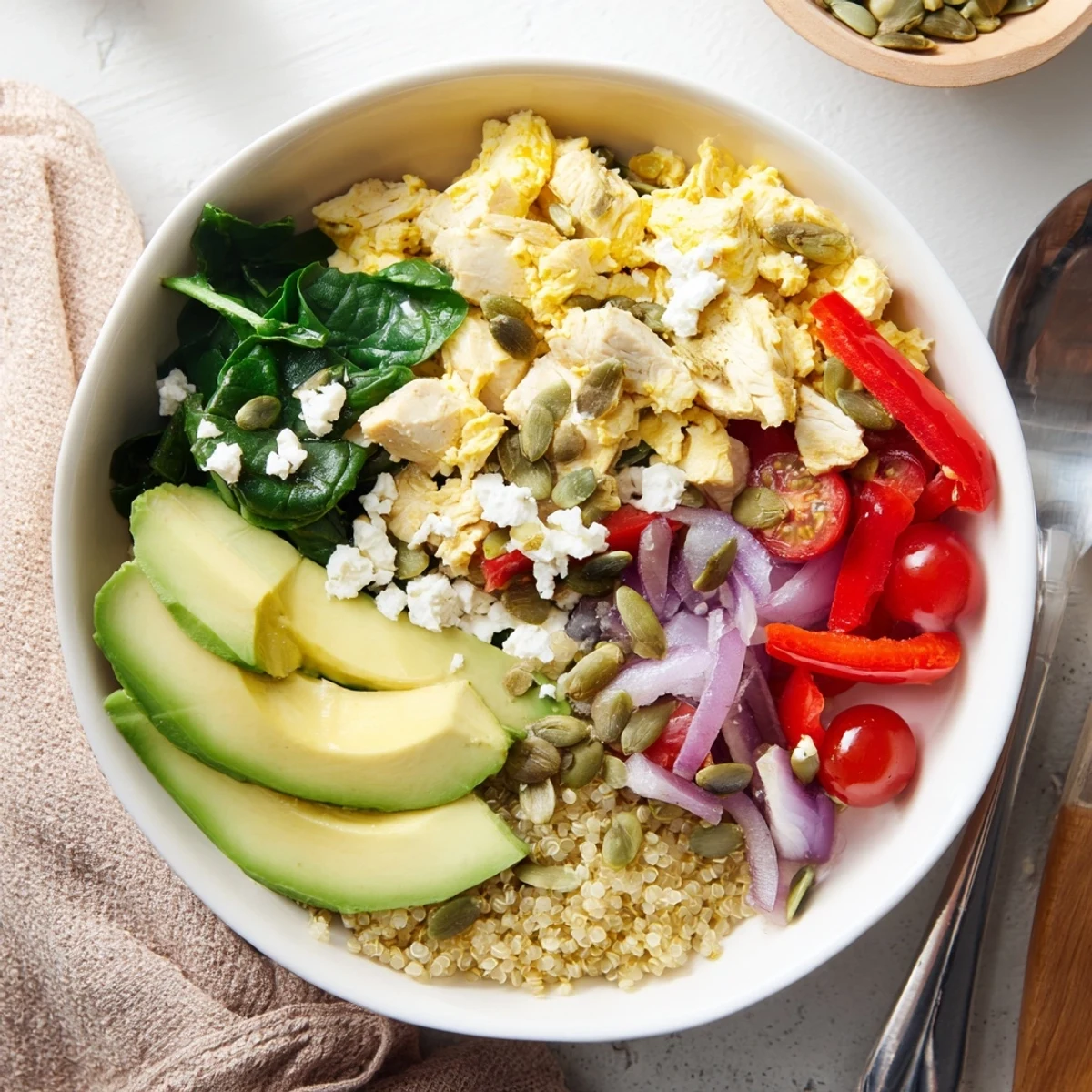 Hearty easy high protein breakfast bowl layered with quinoa, diced chicken, and vibrant sautéed veggies