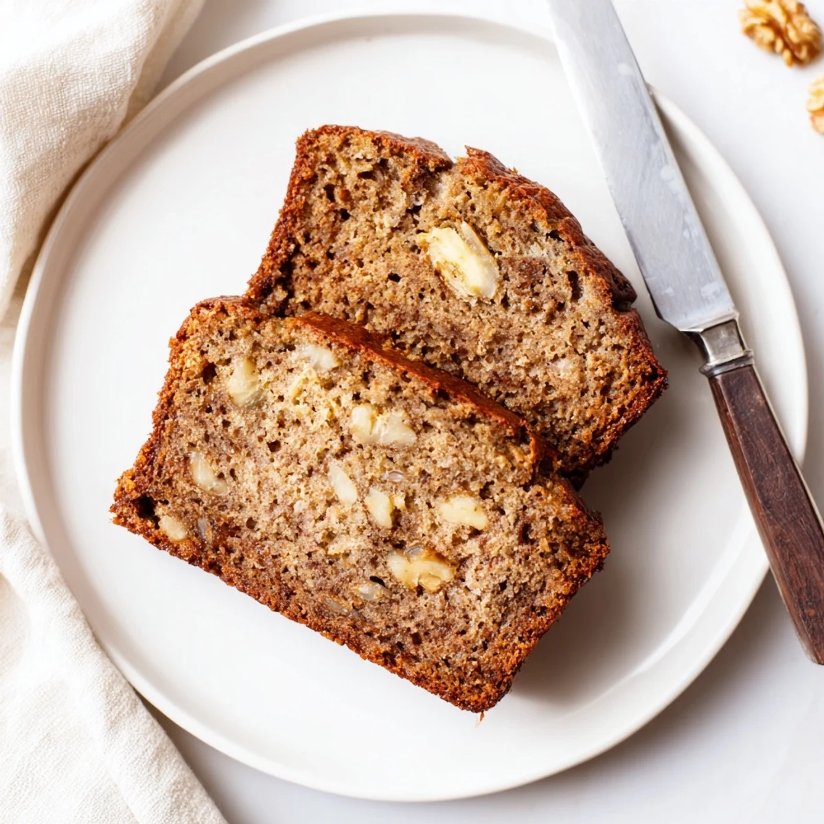 Golden brown keto banana bread loaf sliced on a wooden cutting board with melted butter