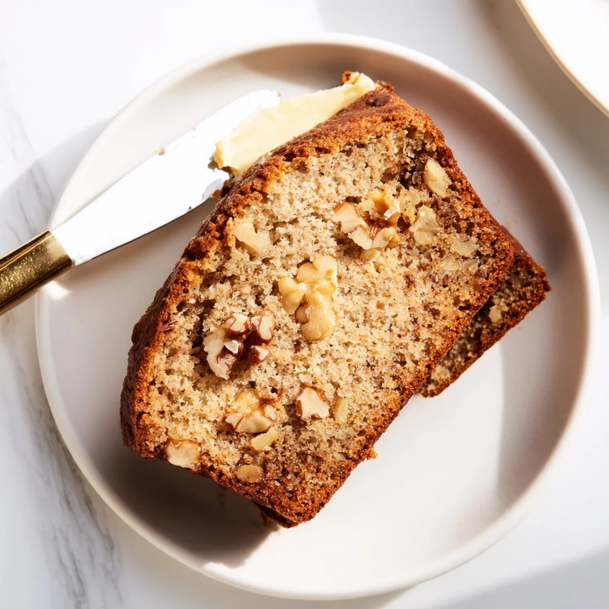 Moist low carb banana bread with walnuts displayed on a white ceramic plate