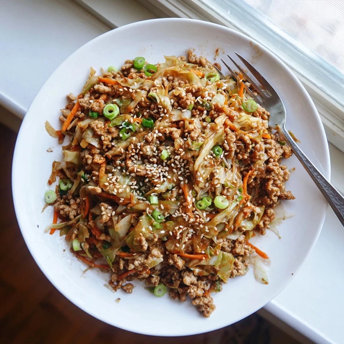 Egg roll in a bowl featuring crisp vegetables and savory ground pork in sesame soy sauce