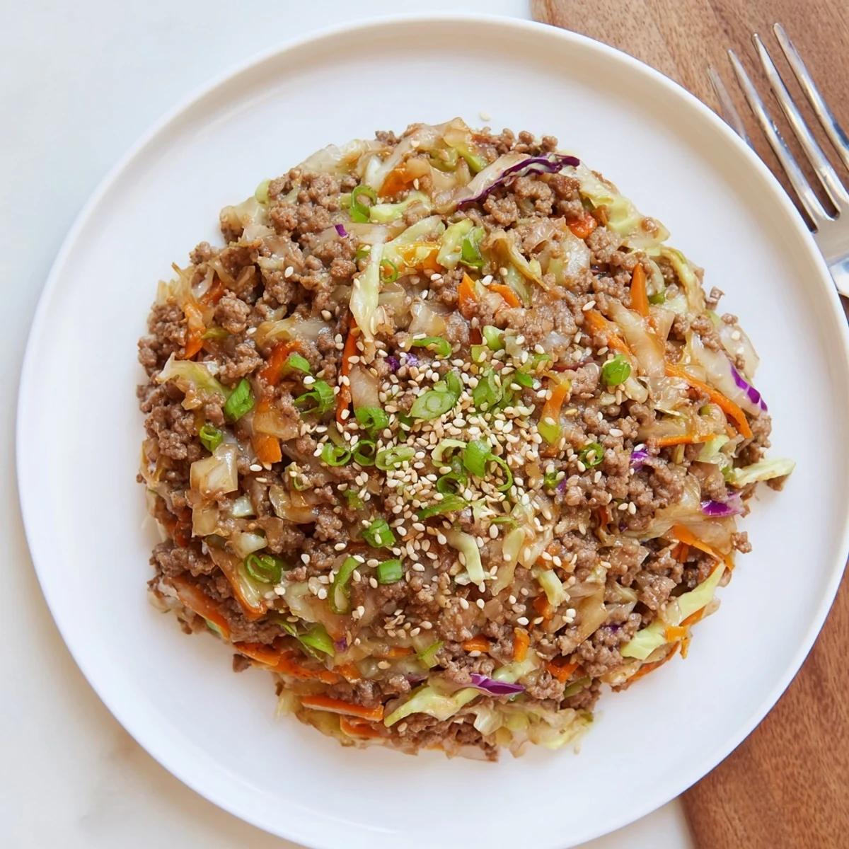 Sizzling skillet of egg roll in a bowl with browned pork and colorful shredded cabbage