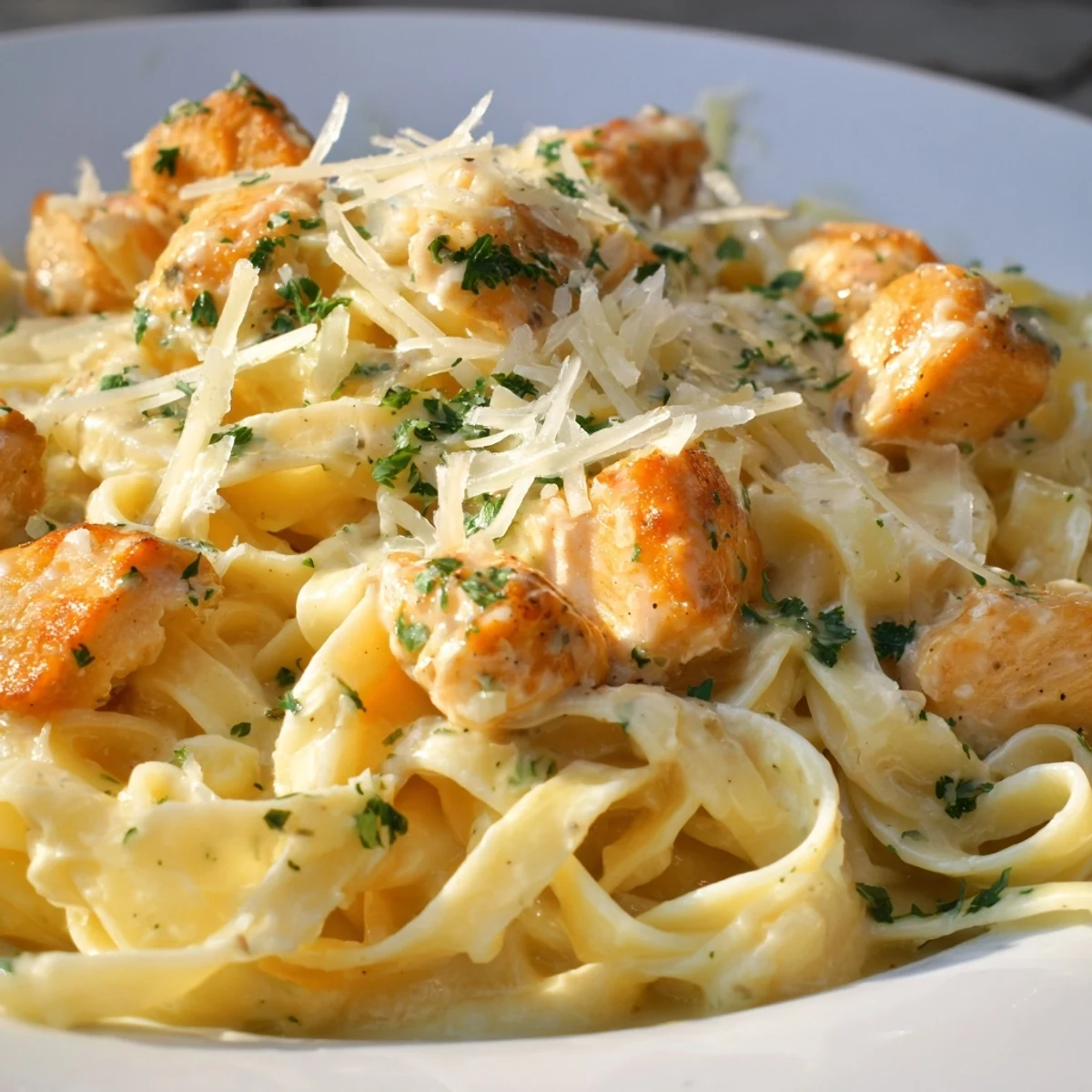 Golden brown chicken pieces tossed with fettuccine in a rich garlic Parmesan cream sauce