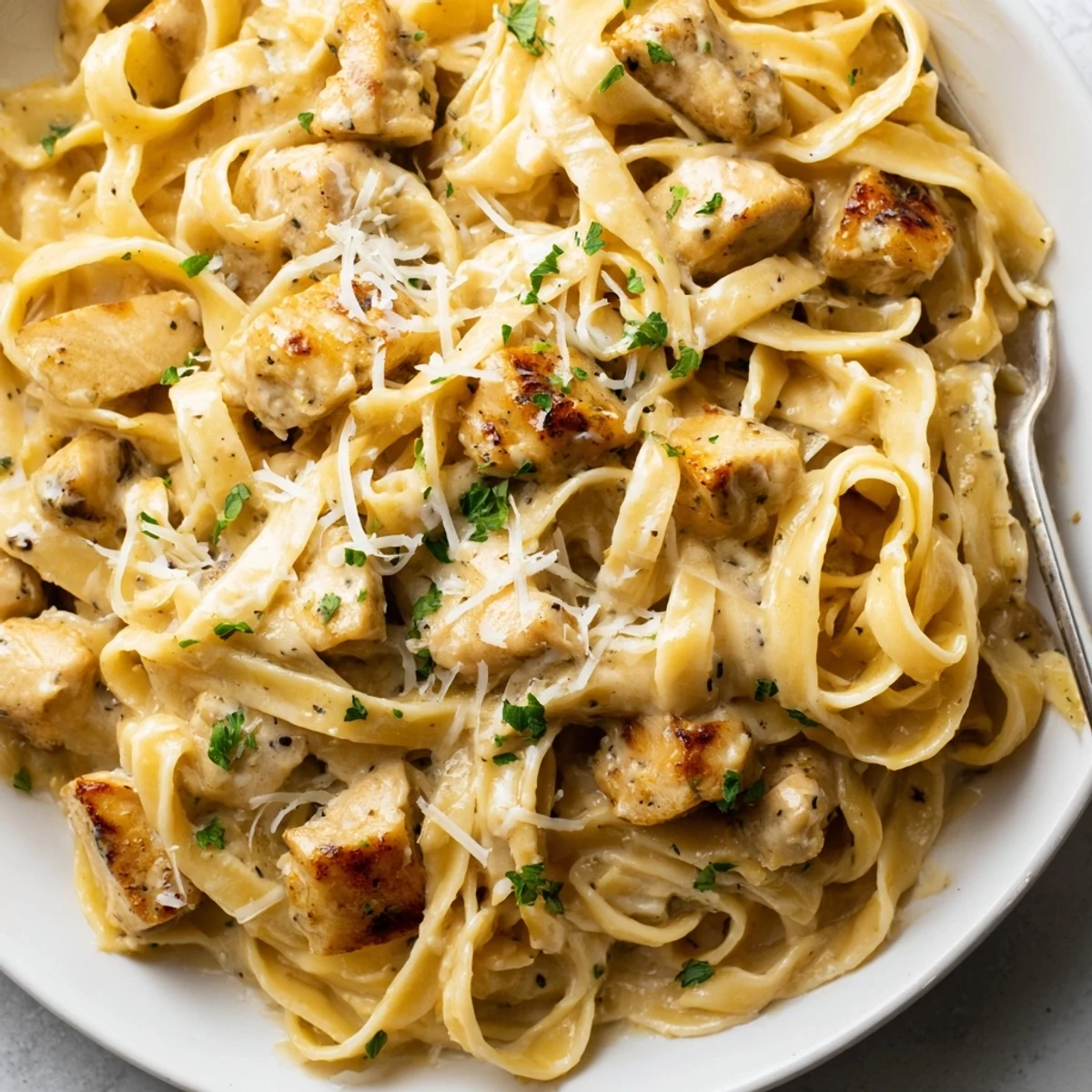 Creamy garlic parmesan chicken pasta plated with fresh parsley sprinkle and extra grated cheese topping