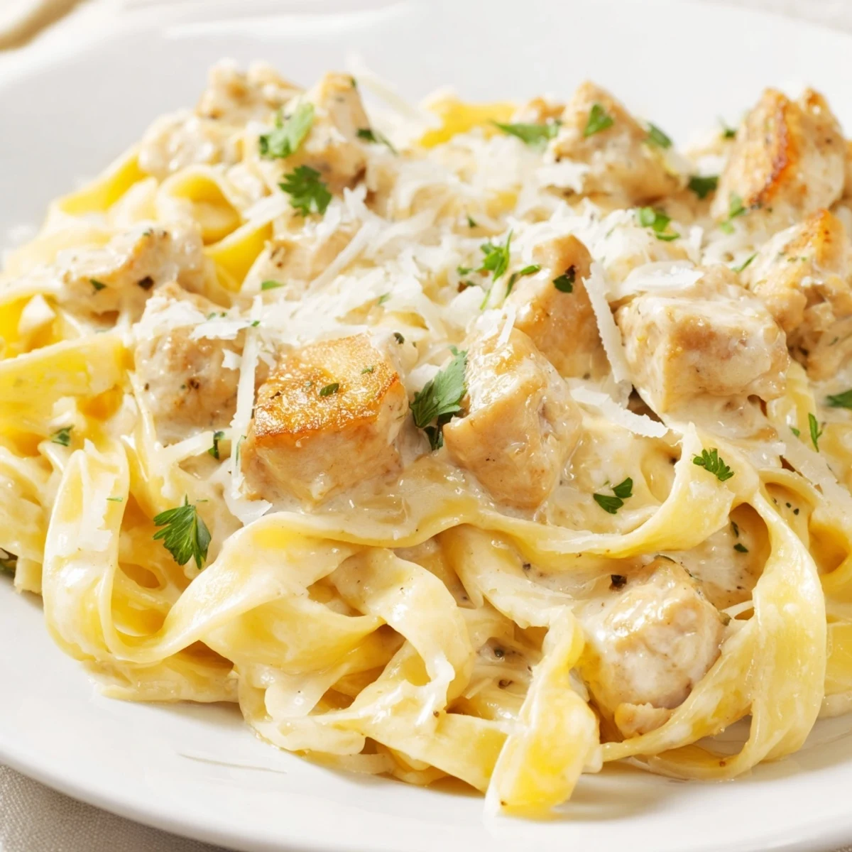 Steaming bowl of tender chicken pasta coated in smooth white cheese sauce with herb garnish